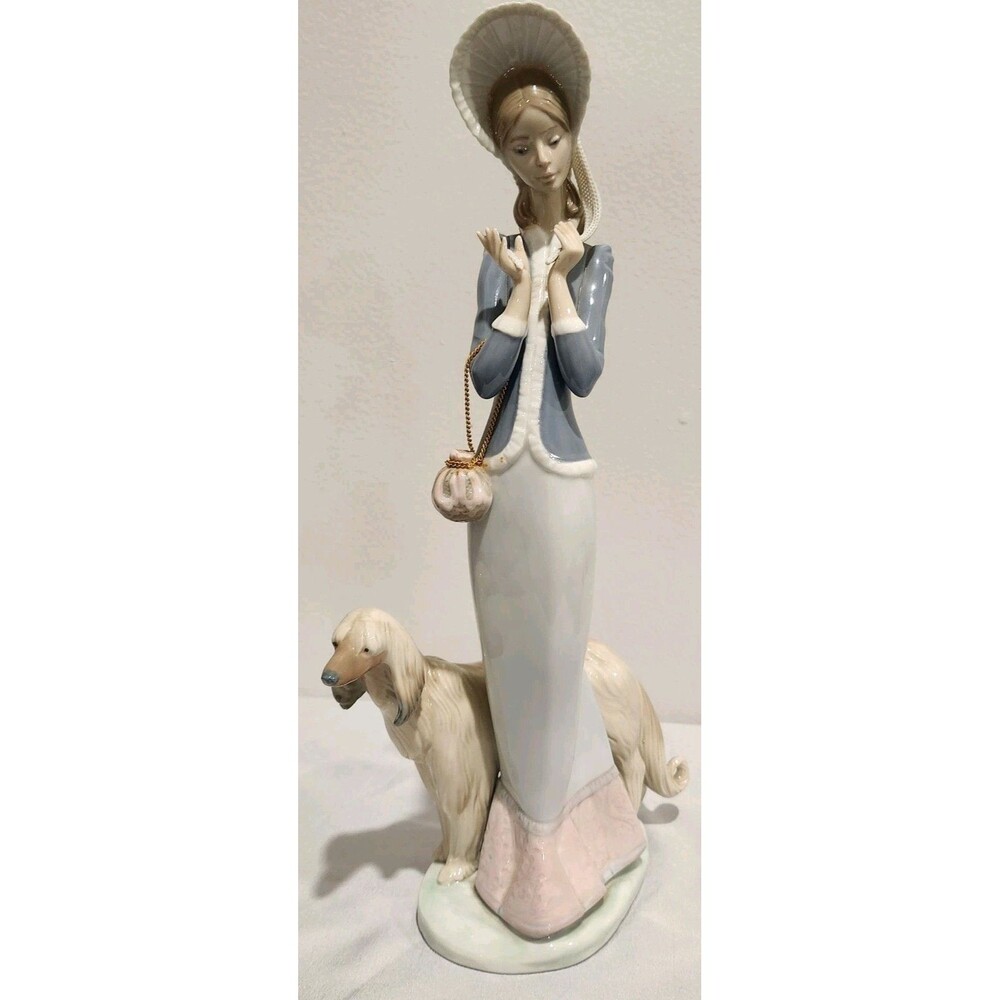 Lladro "Stepping Out" Lady with Afghan Dog 13" Porcelain Figurine #1537 Damaged